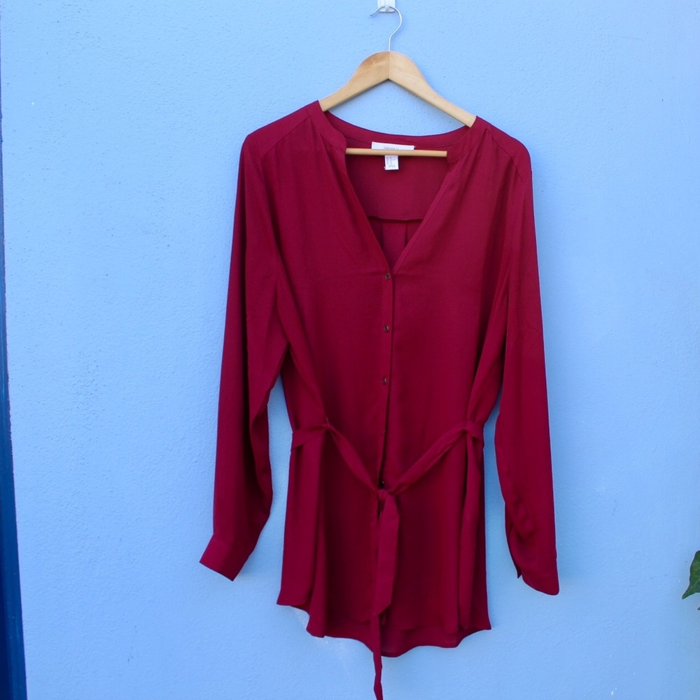 Red, button down, long sleeve blouse
